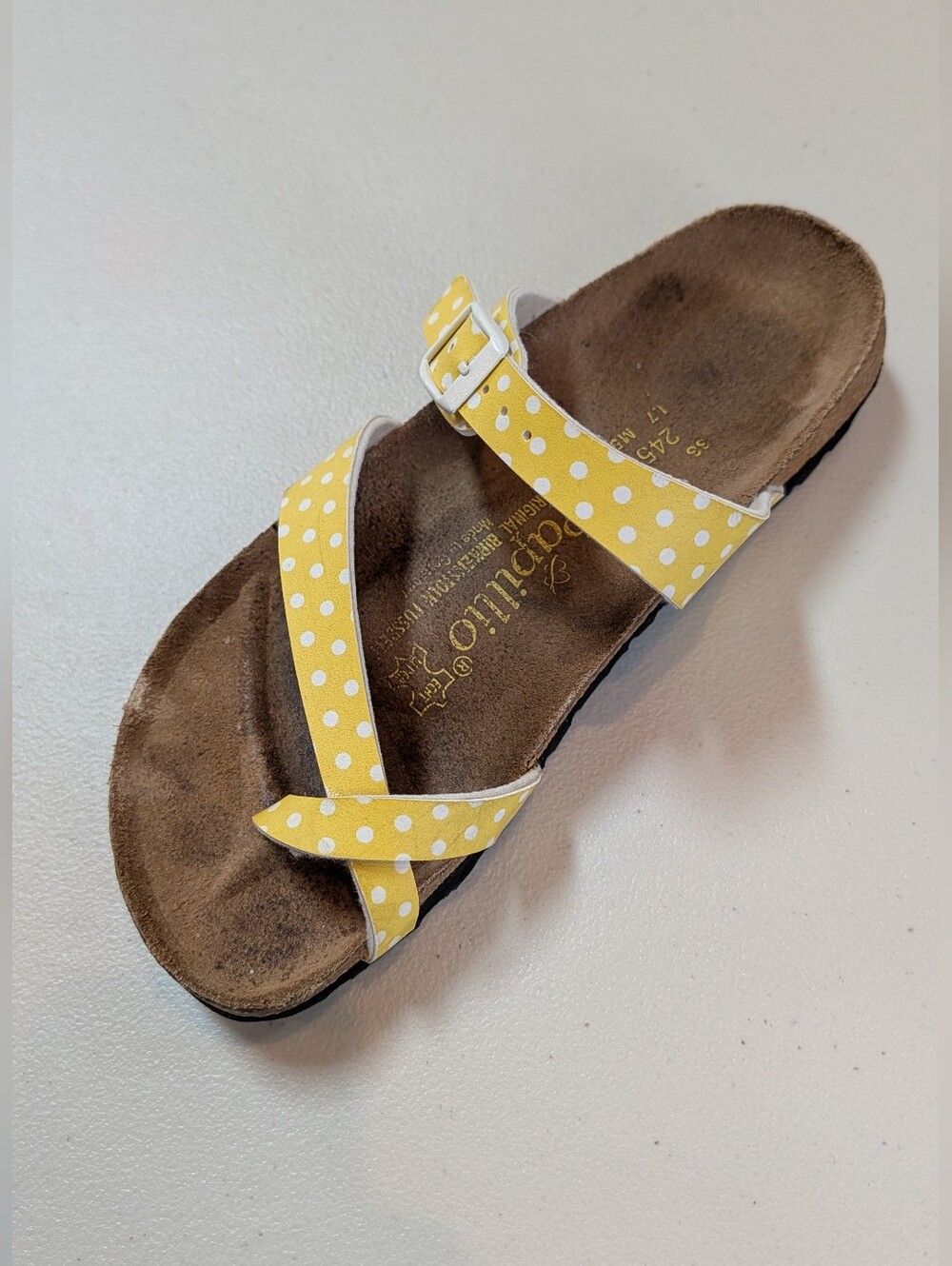 Birkenstock, Papillio, Yellow And White Polka Dot Sandals. Sz 7